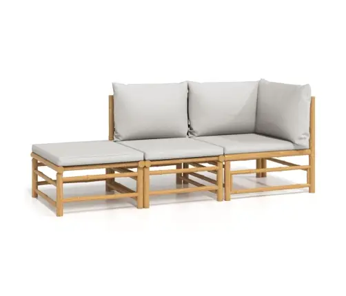 3-Osaline Aiamööbli Komplekt Helehallide Patjadega, Bambus