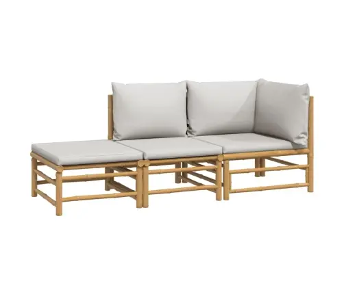 3-Osaline Aiamööbli Komplekt Helehallide Patjadega, Bambus