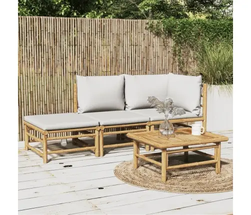 3-Osaline Aiamööbli Komplekt Helehallide Patjadega, Bambus