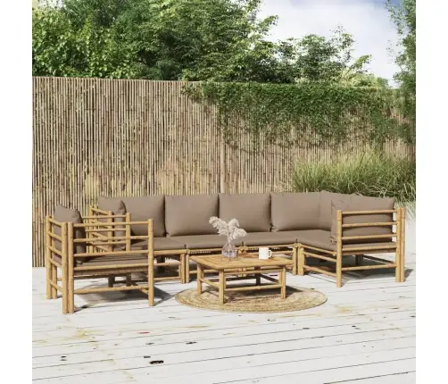 7-Osaline Aiamööbli Komplekt Pruunikashallide Patjadega, Bambus
