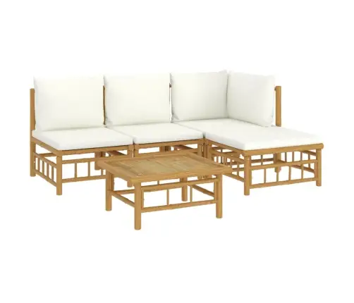 5-Osaline Aiamööbli Komplekt Kreemjasvalgete Patjadega, Bambus