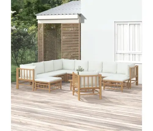 12-Osaline Aiamööbli Komplekt Kreemjasvalgete Patjadega, Bambus