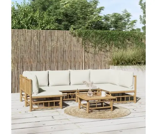 7-Osaline Aiamööbli Komplekt Kreemjasvalgete Patjadega, Bambus