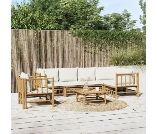 7-Osaline Aiamööbli Komplekt Kreemjasvalgete Patjadega, Bambus