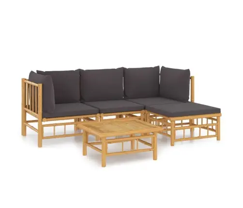 5-Osaline Aiamööbli Komplekt Tumehallide Patjadega, Bambus