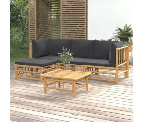 5-Osaline Aiamööbli Komplekt Tumehallide Patjadega, Bambus