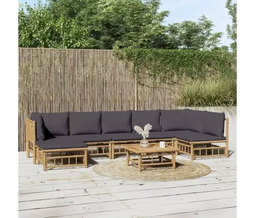 Sodo Komplektas Su Pilkomis Pagalvėlėmis, 8 Dalių, Bambukas Sodo Komplektas Su Pilkomis Pagalvėlėmis, 8 Dalių, Bambukas