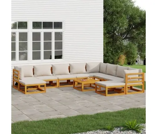 11-Osaline Aiamööbli Komplekt Helehallide Patjadega, Täispuit