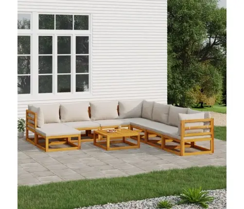 9-Osaline Aiamööbli Komplekt Helehallide Patjadega, Täispuit