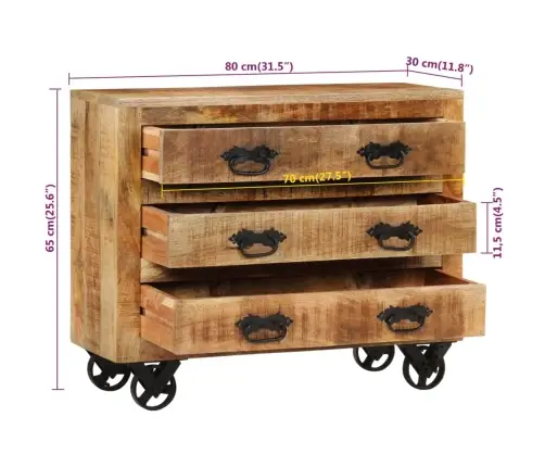 Kumode Ar 3 Atvilktnēm, 80X30X65 Cm, Neapstrādāts Mango Koks Vidaxl