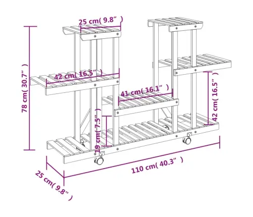 Puķu Statīvs Ar Ritenīšiem, 110X25X78 Cm , Egles Masīvkoks Vidaxl
