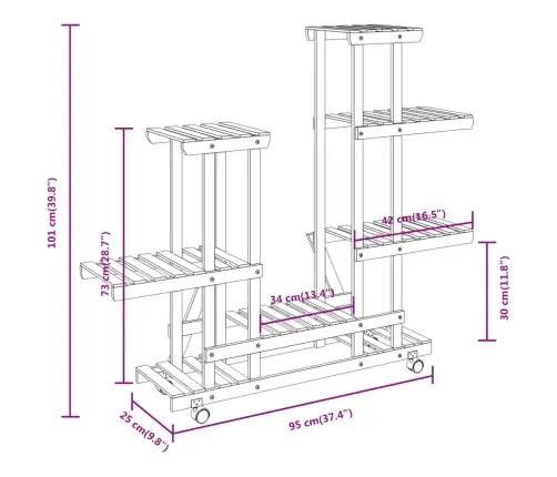 Puķu Statīvs Ar Ritenīšiem, 95X25X101 Cm, Egles Masīvkoks Vidaxl