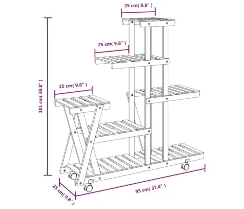 Puķu Statīvs Ar Ritenīšiem, 95X25X101 Cm, Egles Masīvkoks Vidaxl