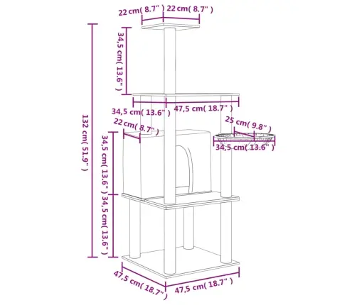 Kaķu Māja Ar Sizala Stabiem Nagu Asināšanai, 132 Cm, Pelēka Vidaxl