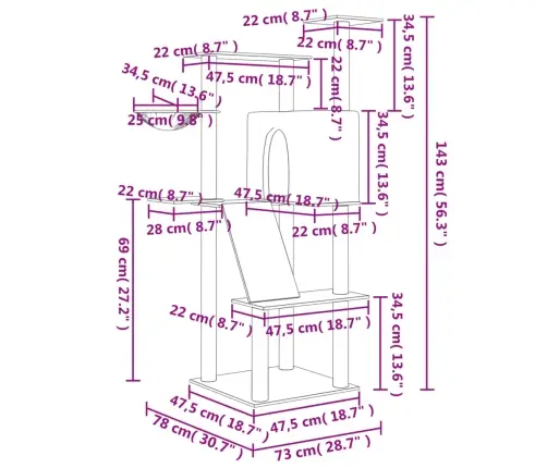 Kaķu Māja Ar Sizala Stabiem Nagu Asināšanai, 143 Cm, Pelēka Vidaxl