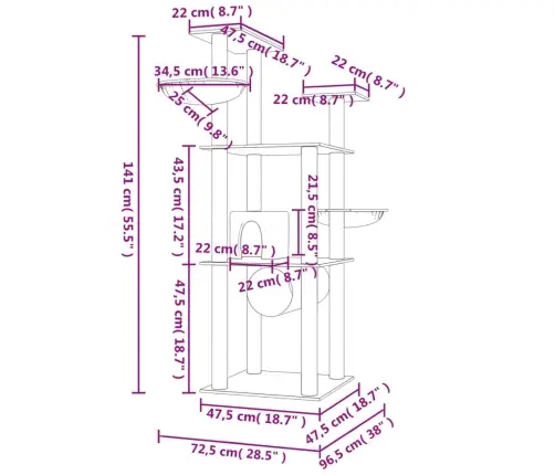 Kaķu Māja Ar Sizala Stabiem Nagu Asināšanai, 141 Cm, Pelēka Vidaxl