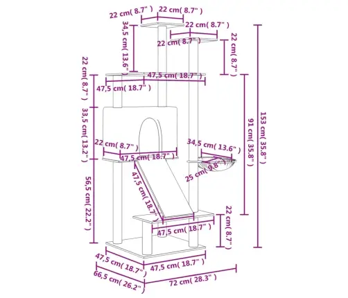Kassimaja Sisalköitega Kraapimispuudega, Helehall, 153 Cm