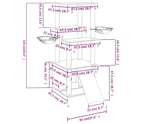 Kassimaja Sisalköitega Kraapimispostidega, Helehall, 133 Cm
