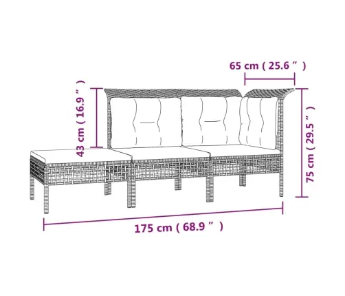 3-Osaline Aiamööbli Komplekt Patjadega, Hall, Polürotang
