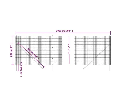 Stiepļu Žogs, Pelēks, 2,2X10 M, Cinkots Tērauds Vidaxl