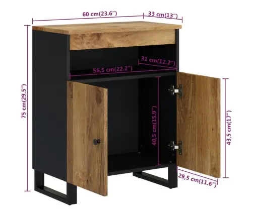 Kumode Ar 2 Durvīm, 60X33X75 Cm, Mango Masīvkoks Vidaxl