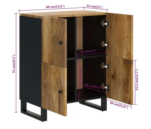 Kumode Ar 4 Durvīm, 60X33X75 Cm, Mango Masīvkoks Vidaxl