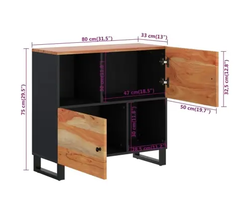 Kumode Ar 2 Durvīm, 80X33X75 Cm, Akācijas Masīvkoks Vidaxl
