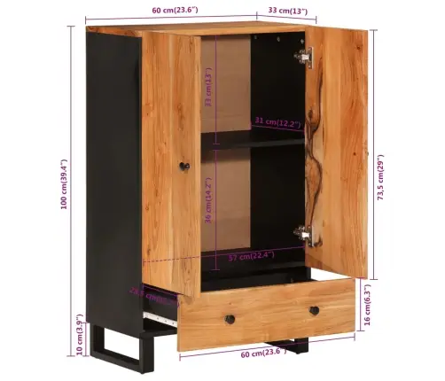 Komoda Su Stalčiumi, 60X33X100cm Akacijos Masyvas Ir Geležis