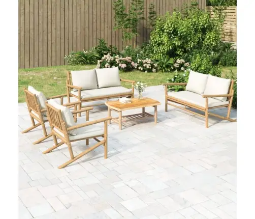 5-Osaline Aiamööbli Komplekt Kreemjasvalgete Patjadega, Bambus