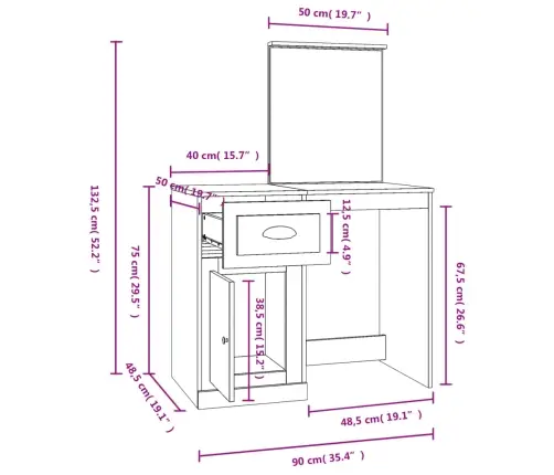 Peegliga Tualettlaud, Pruun Tamm, 90X50X132,5 cm Tehispuit