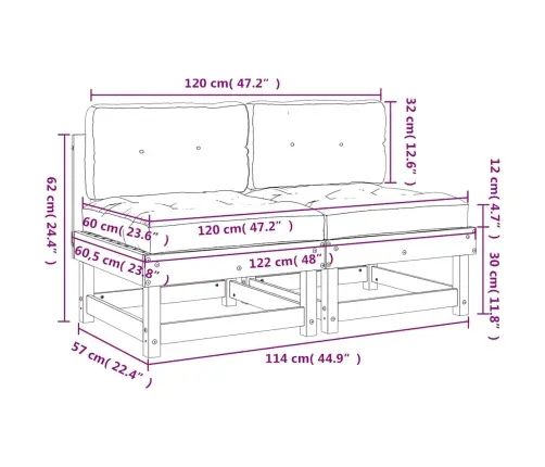 Keskmised Diivaniosad Patjadega 2 Tk, Immutatud Männipuit