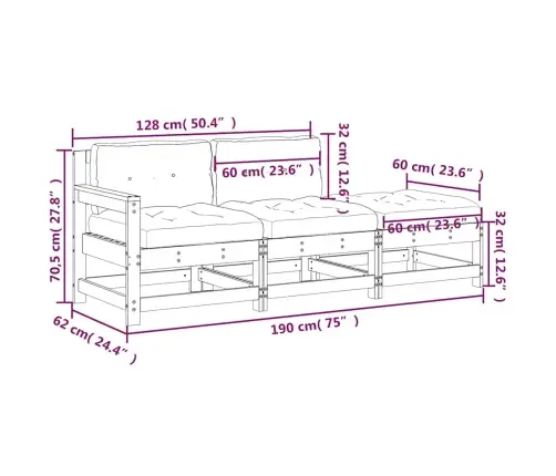3-Daļīgs Dārza Atpūtas Mēbeļu Komplekts Ar Matračiem, Masīvkoks Vidaxl