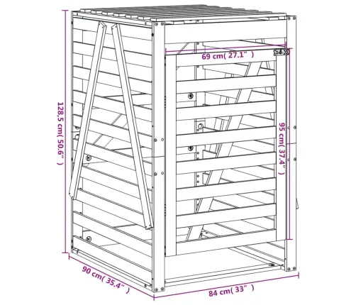Ratastega Prügikasti Kuur, Valge, 84 X 90 X 128,5 cm Männipuit