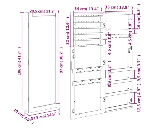 Veidrodinė Papuošalų Spintelė, Balta, 37,5X10X106cm Sieninė Veidrodinė Papuošalų Spintelė, Balta, 37,5X10X106cm Sieninė