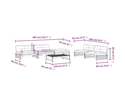6-Daļīgs Dārza Atpūtas Mēbeļu Komplekts Ar Matračiem, Priede Vidaxl