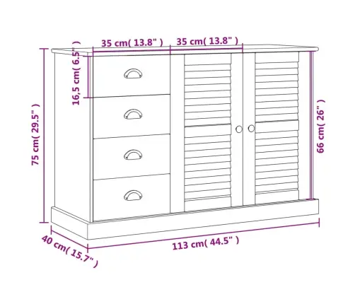 Sahtlitega Puhvetkapp "Vigo" 113X 40 X 75 cm Valge, Männipuit