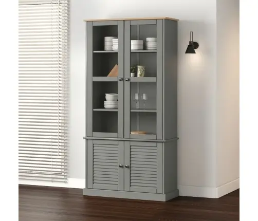 Skapis Ar Stikla Durvīm Vigo, Pelēks, 85X35X170Cm, Priedes Koks Vidaxl