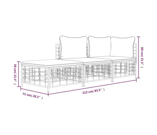 3-Osaline Aiamööbli Komplekt Patjadega, Antratsiit, Polürotang 3-Osaline Aiamööbli Komplekt Patjadega, Antratsiit, Polürotang