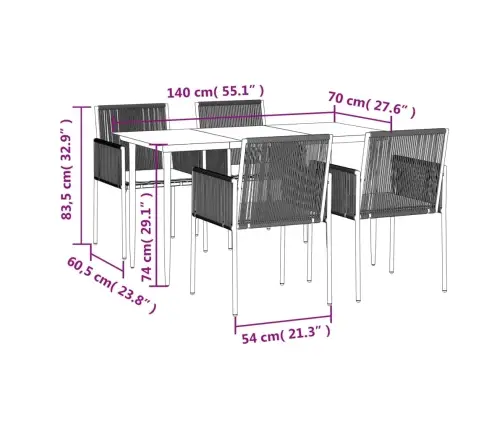 5-Osaline Aia Söögimööbli Komplekt Istmepatjadega, Must