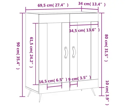 Kumode, Pelēka Ozolkoka, 69,5X34X90 Cm, Inženierijas Koks Vidaxl