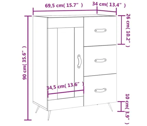 Kumode, Betona Pelēka, 69,5X34X90 Cm, Inženierijas Koks Vidaxl