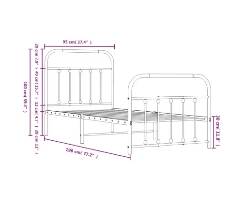 Gultas Rāmis Ar Galvgali Un Kājgali, Balts Metāls, 90X190 Cm Vidaxl