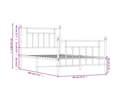 Gultas Rāmis Ar Galvgali Un Kājgali, Balts Metāls, 90X190 Cm Vidaxl