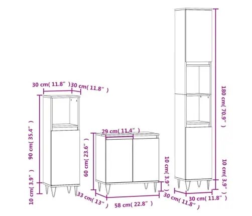 3-Daļīgs Vannasistabas Skapīšu Komplekts, Pelēka Ozolkoka Krāsa Vidaxl