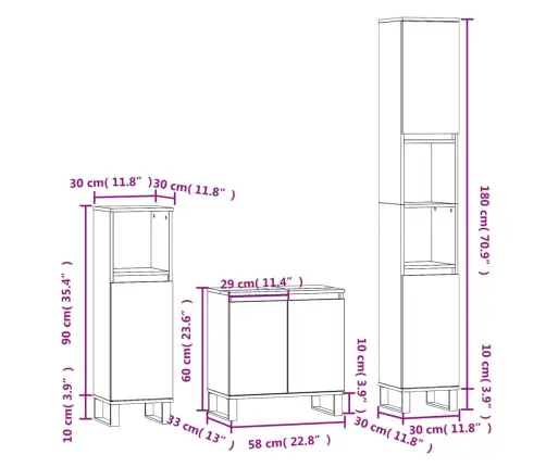 3-Osaline Vannitoakappide Komplekt, Suitsutatud Tamm, Tehispuit 3-Osaline Vannitoakappide Komplekt, Suitsutatud Tamm, Tehispuit