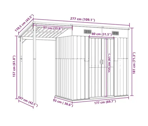 Sodo Sandėliukas Su Prailgintu Stogu, Šviesiai Pilkas, 277X107X181cm Plienas