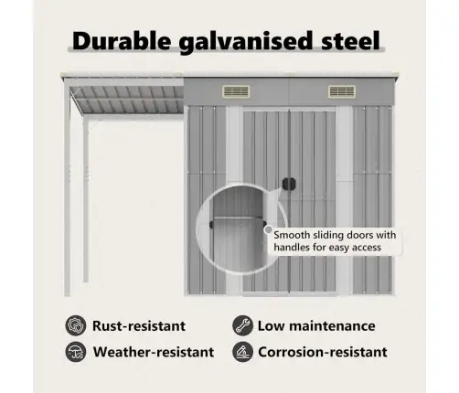 Sodo Sandėliukas Su Prailgintu Stogu, Šviesiai Pilkas, 277X107X181cm Plienas