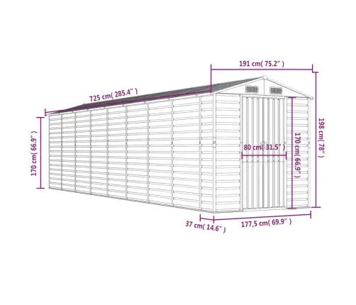 Dārza Šķūnis, Gaiši Pelēks, 191X725X198 Cm, Cinkots Tērauds Vidaxl