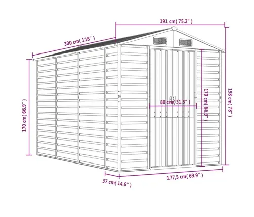 Dārza Šķūnis, Antracītpelēks, 191X300X198 Cm, Cinkots Tērauds Vidaxl