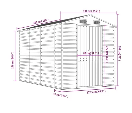 Dārza Šķūnis, Gaiši Brūns, 191X300X198 Cm, Cinkots Tērauds Vidaxl